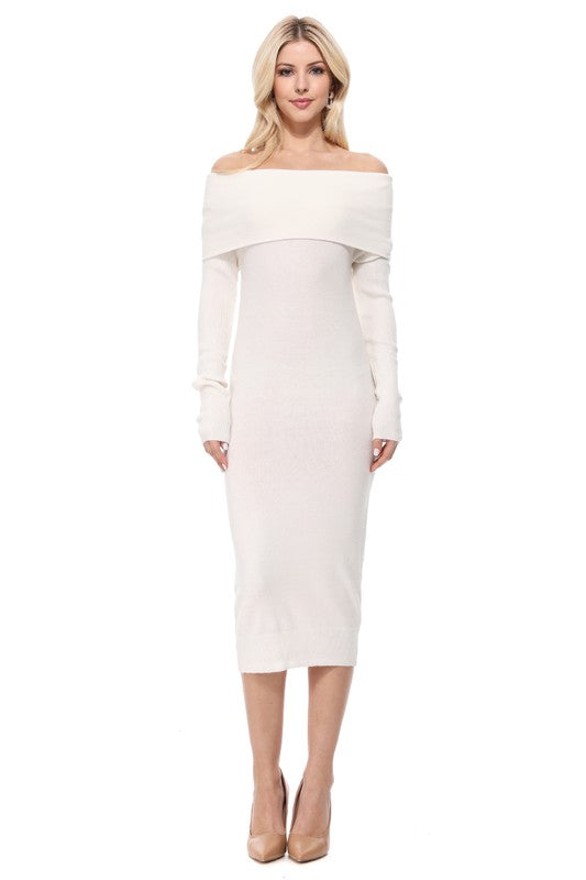 Curve Couture: Alluring Off-the-Shoulder Elan Midi Knit Dress