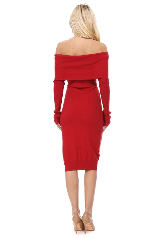 Curve Couture: Alluring Off-the-Shoulder Elan Midi Knit Dress