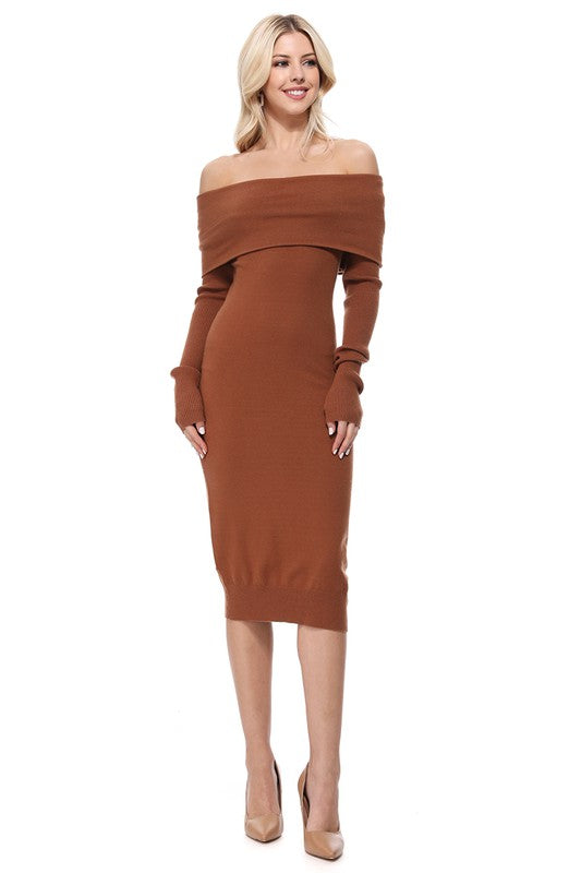 Curve Couture: Alluring Off-the-Shoulder Elan Midi Knit Dress