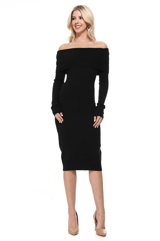 Curve Couture: Alluring Off-the-Shoulder Elan Midi Knit Dress