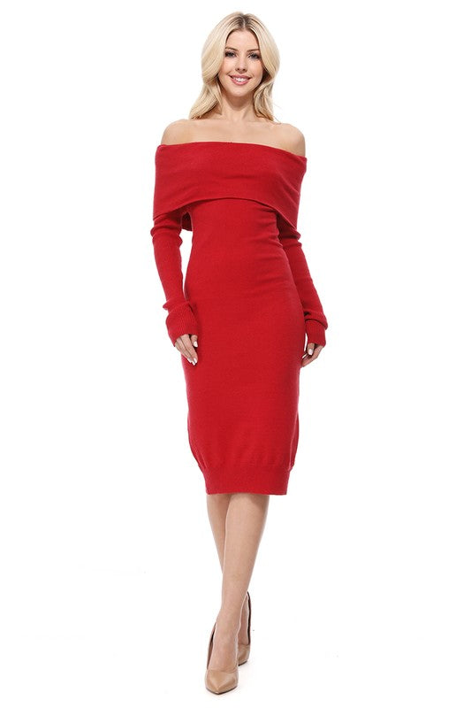Curve Couture: Alluring Off-the-Shoulder Elan Midi Knit Dress