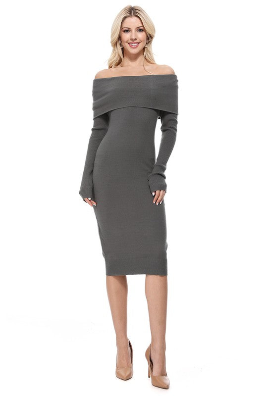 Curve Couture: Alluring Off-the-Shoulder Elan Midi Knit Dress