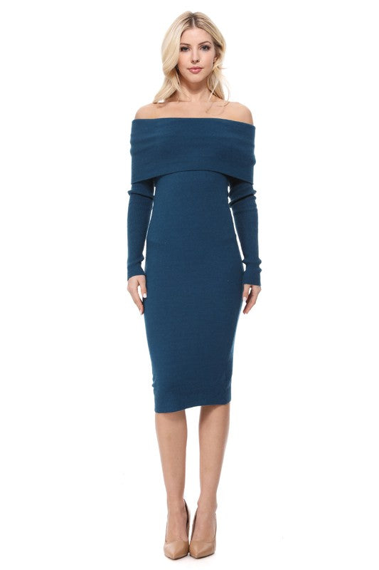 Curve Couture: Alluring Off-the-Shoulder Elan Midi Knit Dress