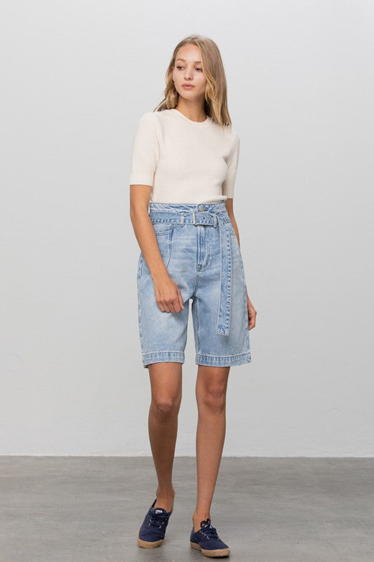 Denim Riviera: Cinctured Chic Bermuda Shorts