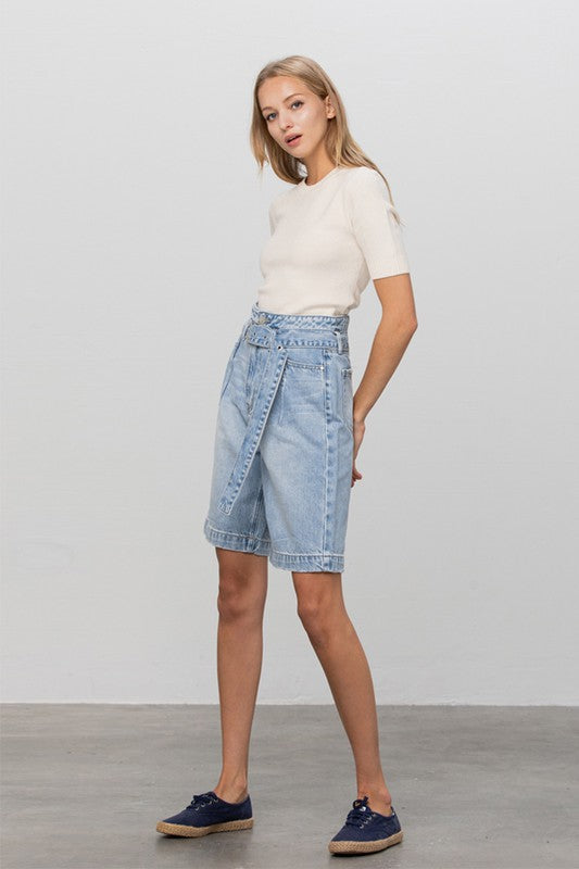 Denim Riviera: Cinctured Chic Bermuda Shorts