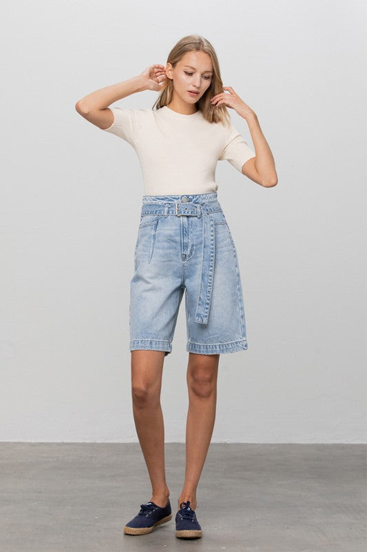 Denim Riviera: Cinctured Chic Bermuda Shorts