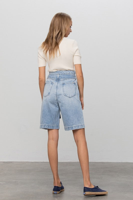 Denim Riviera: Cinctured Chic Bermuda Shorts