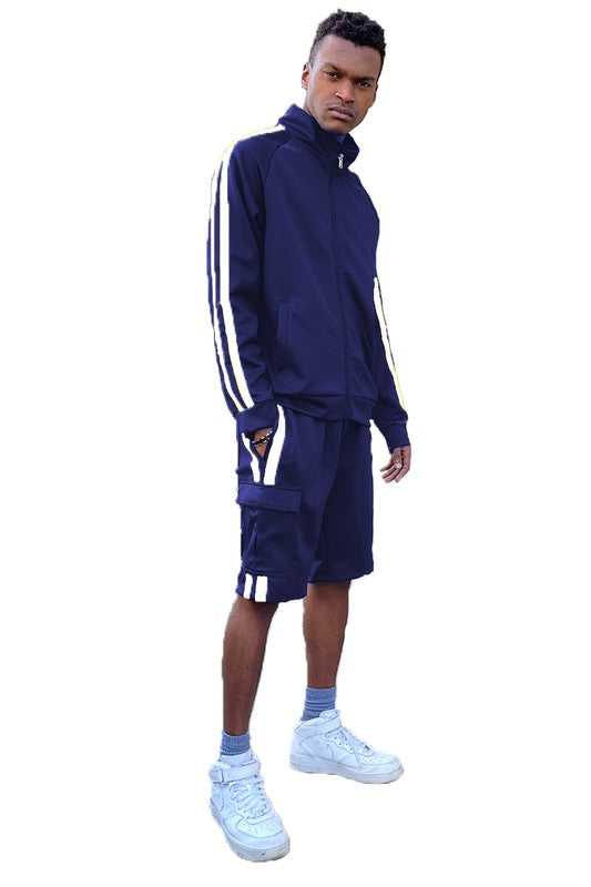 Dual-Stripe Cargo Pocket Tracksuit: Jacket & Shorts Combo