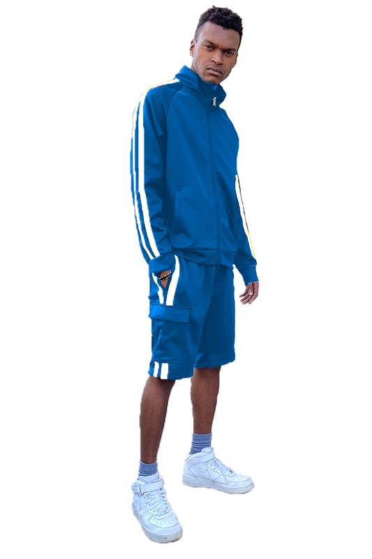 Dual-Stripe Cargo Pocket Tracksuit: Jacket & Shorts Combo