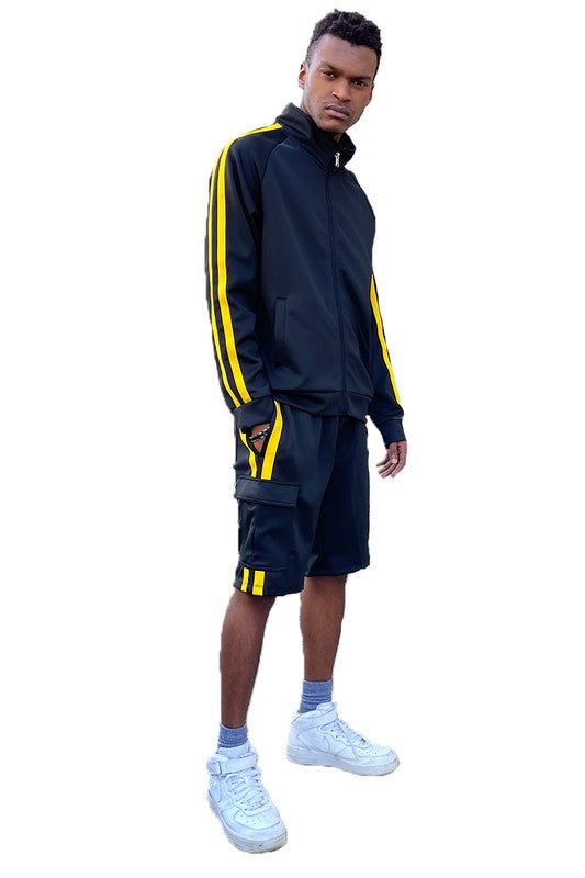 Dual-Stripe Cargo Pocket Tracksuit: Jacket & Shorts Combo