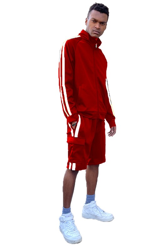 Dual-Stripe Cargo Pocket Tracksuit: Jacket & Shorts Combo
