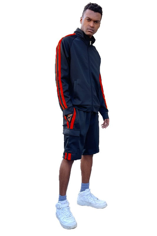 Dual-Stripe Cargo Pocket Tracksuit: Jacket & Shorts Combo