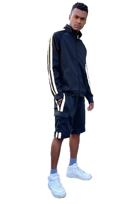 Dual-Stripe Cargo Pocket Tracksuit: Jacket & Shorts Combo
