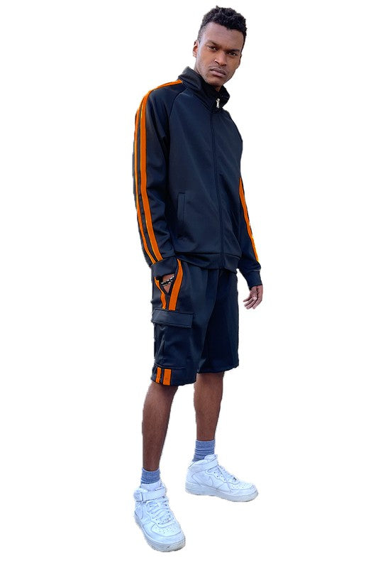 Dual-Stripe Cargo Pocket Tracksuit: Jacket & Shorts Combo