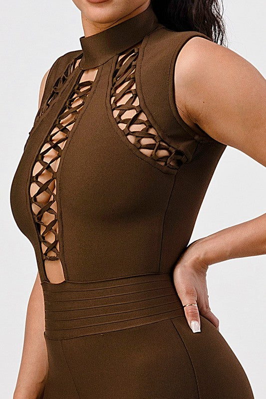 Intertwine Allure: Laced-Lattice Bodycon Romper