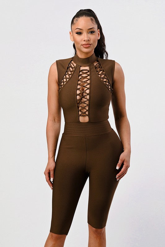 Intertwine Allure: Laced-Lattice Bodycon Romper