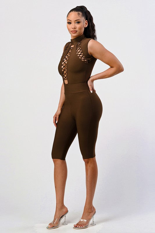 Intertwine Allure: Laced-Lattice Bodycon Romper