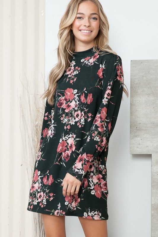 Pocketful of Charm - Printed, Bubble Sleeved Sweater Dress With Pockets