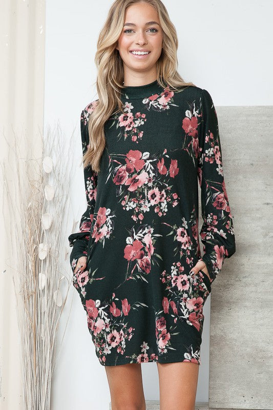 Pocketful of Charm - Printed, Bubble Sleeved Sweater Dress With Pockets