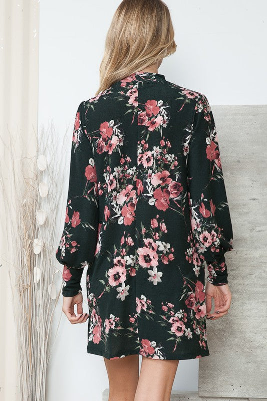 Pocketful of Charm - Printed, Bubble Sleeved Sweater Dress With Pockets