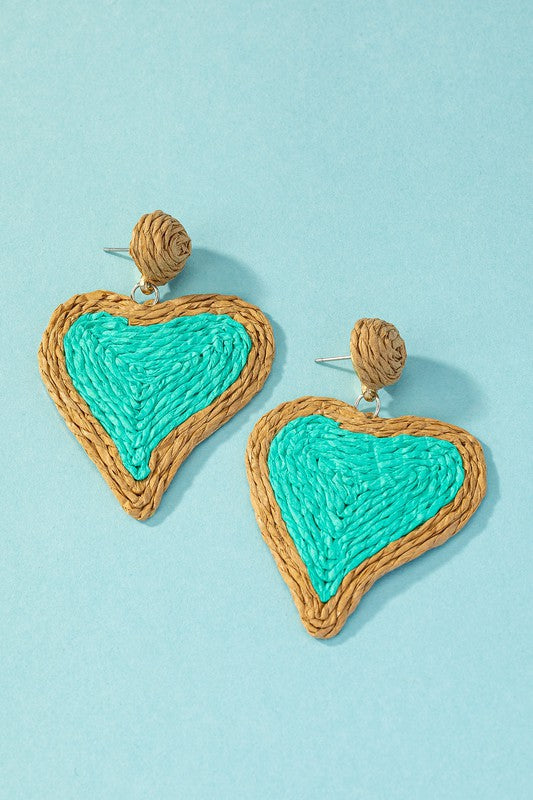 HeartFlutters: Duo-Tone Raffia Straw Love Drops - Stunning Heart-Shaped Earrings