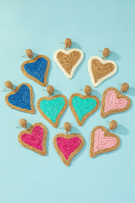 HeartFlutters: Duo-Tone Raffia Straw Love Drops - Stunning Heart-Shaped Earrings