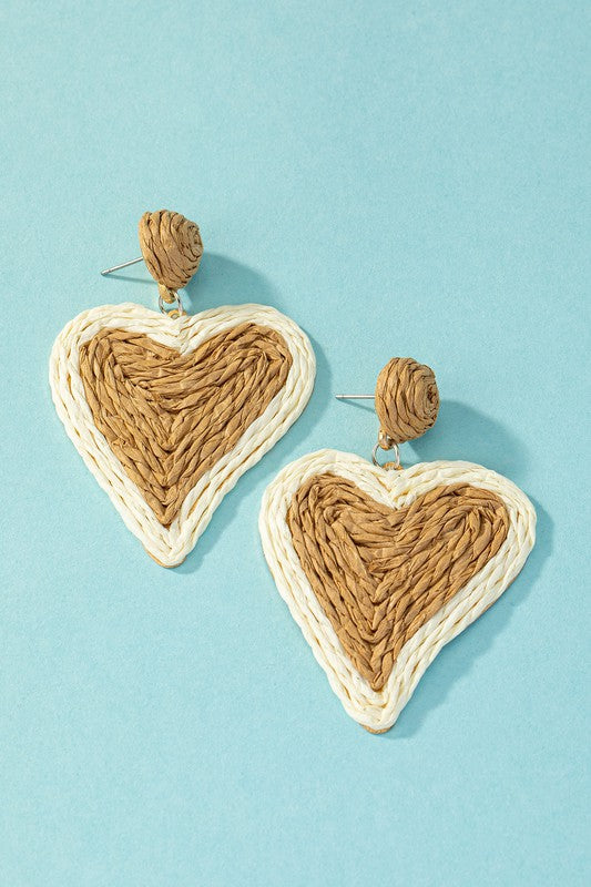 HeartFlutters: Duo-Tone Raffia Straw Love Drops - Stunning Heart-Shaped Earrings