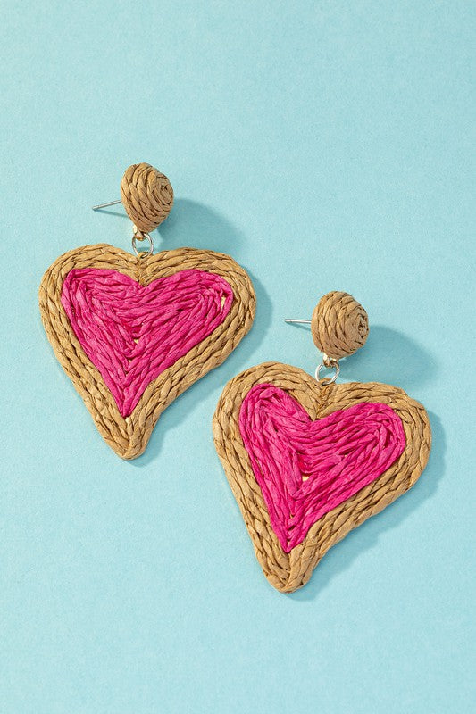 HeartFlutters: Duo-Tone Raffia Straw Love Drops - Stunning Heart-Shaped Earrings