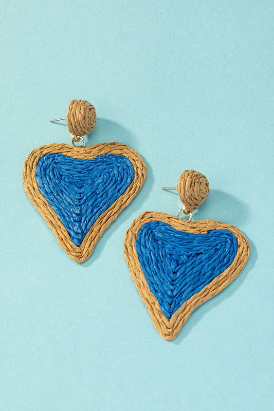 HeartFlutters: Duo-Tone Raffia Straw Love Drops - Stunning Heart-Shaped Earrings