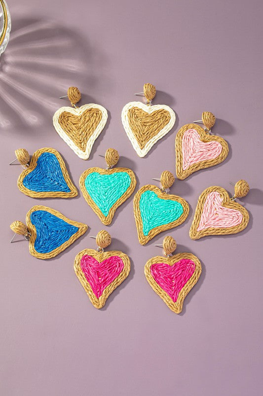HeartFlutters: Duo-Tone Raffia Straw Love Drops - Stunning Heart-Shaped Earrings