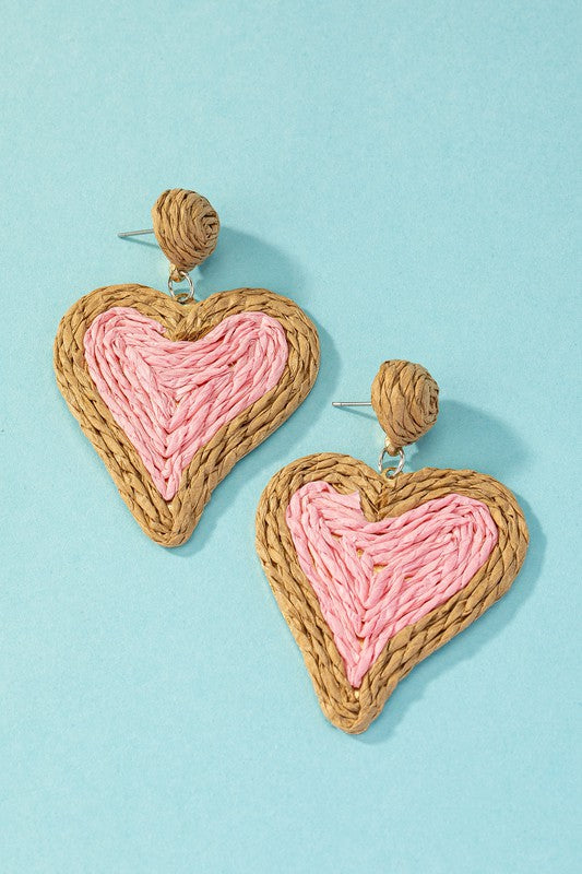 HeartFlutters: Duo-Tone Raffia Straw Love Drops - Stunning Heart-Shaped Earrings