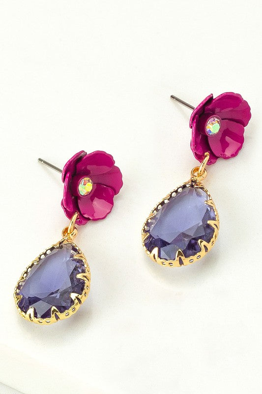 Fuchsia Fusion: Glitz'n'Glam Gemstone Drop & Flower Stud Earrings