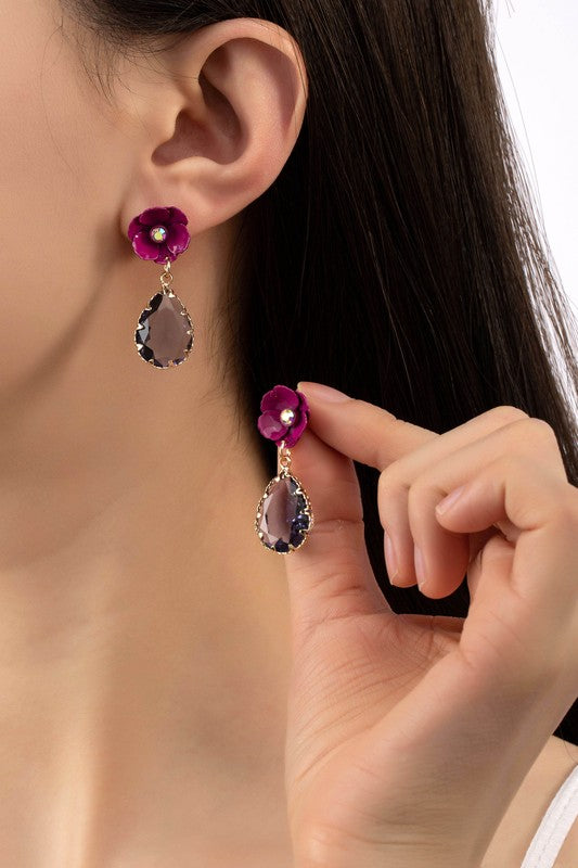 Fuchsia Fusion: Glitz'n'Glam Gemstone Drop & Flower Stud Earrings