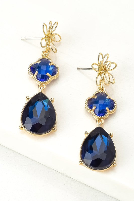 Floral Cascade: Royal Blue 3-Tier Flower and Gemstone Linear Drop Earrings