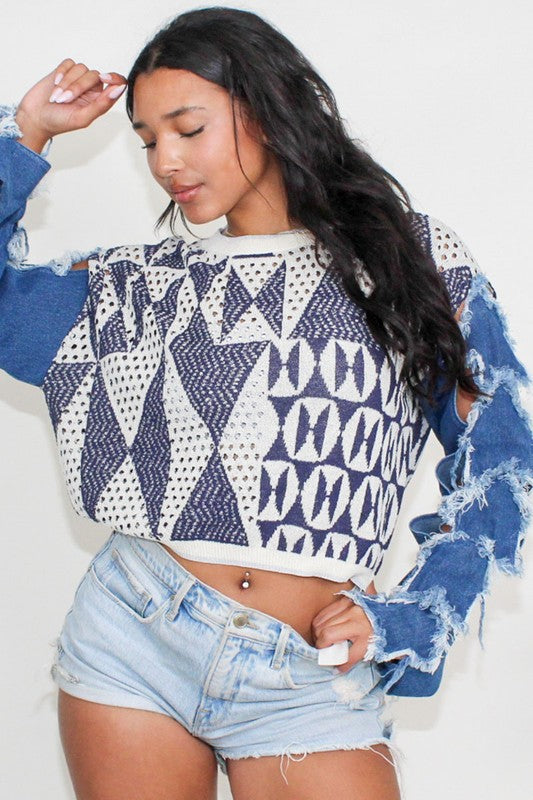 Galaxy Glam: Stellar Geometry Knit Denim Top