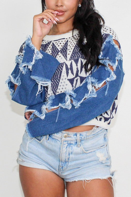 Galaxy Glam: Stellar Geometry Knit Denim Top