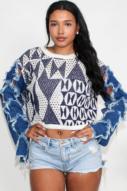 Galaxy Glam: Stellar Geometry Knit Denim Top