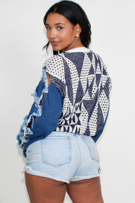 Galaxy Glam: Stellar Geometry Knit Denim Top
