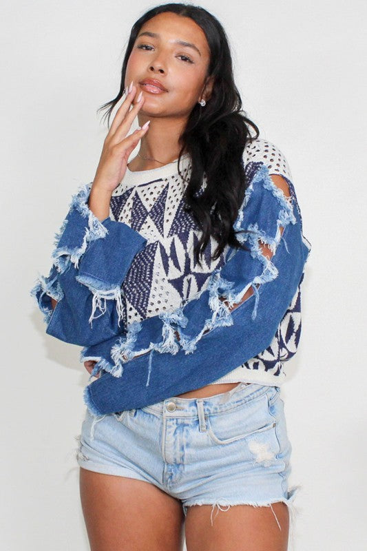 Galaxy Glam: Stellar Geometry Knit Denim Top