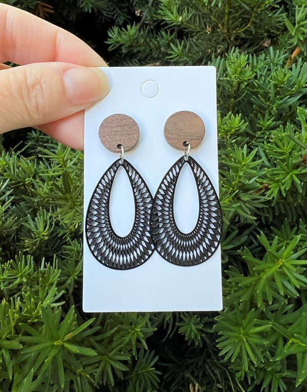 Noir Naturelle: Wooden Whirl Statement Earrings