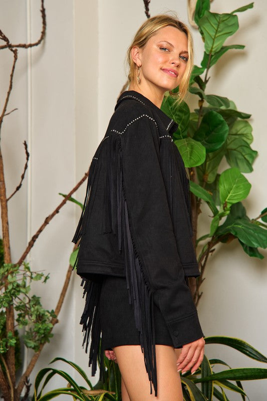 Riviera Reverie: Suede Studded Fringe Artisanal Jacket