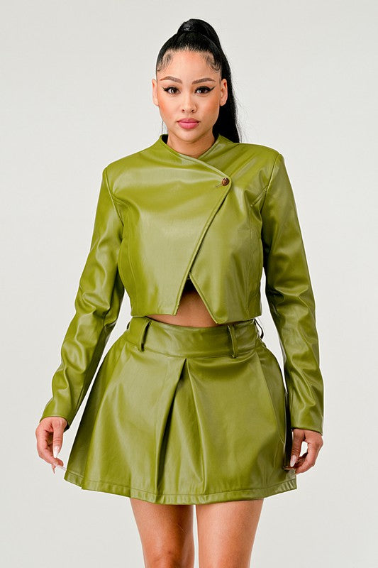 Chic Rebel: Button-Up Faux-Leather Skirt Set