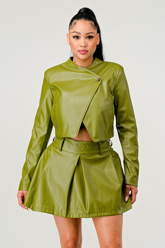 Chic Rebel: Button-Up Faux-Leather Skirt Set