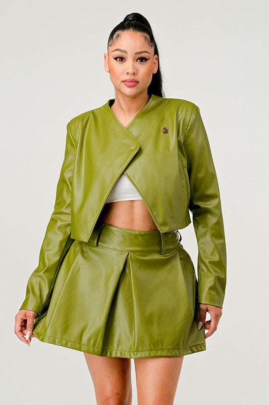 Chic Rebel: Button-Up Faux-Leather Skirt Set