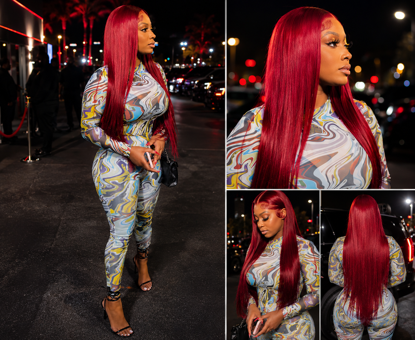 Woman with vibrant red hair wearing a patterned outfit on a city street at night.