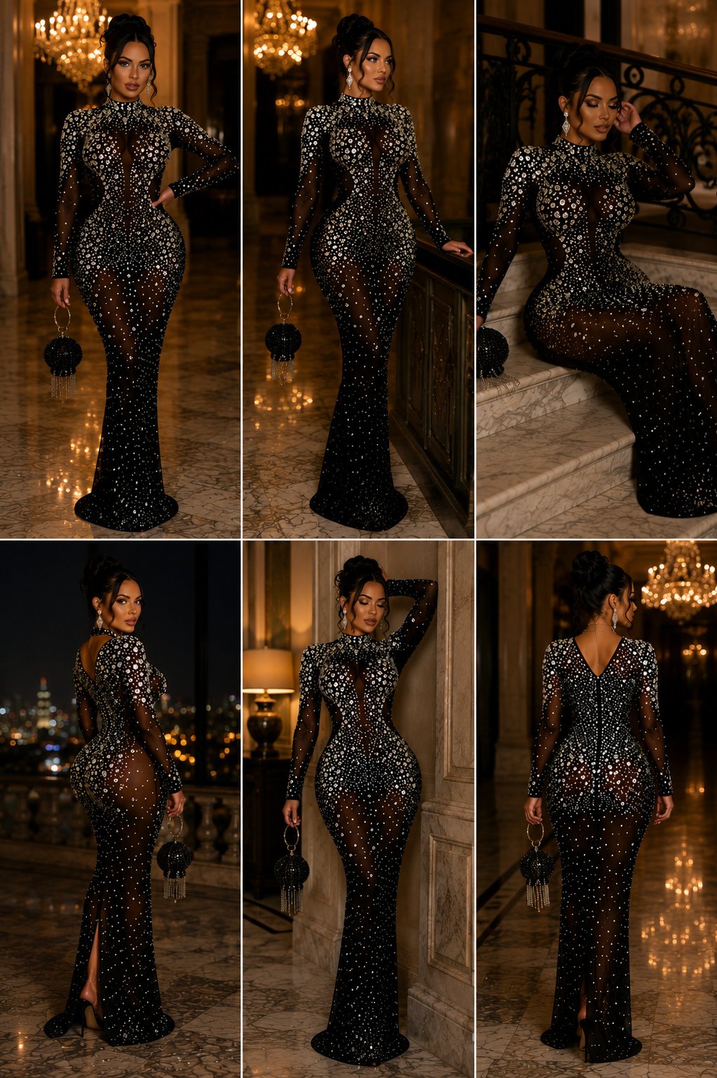 A six-panel collage showing a woman modeling a floor-length, sheer black gown covered in sparkling silver and gray rhinestones. The setting appears to be an elegant indoor venue with chandeliers and marble floors, with different poses including front-facing, seated, and back views.