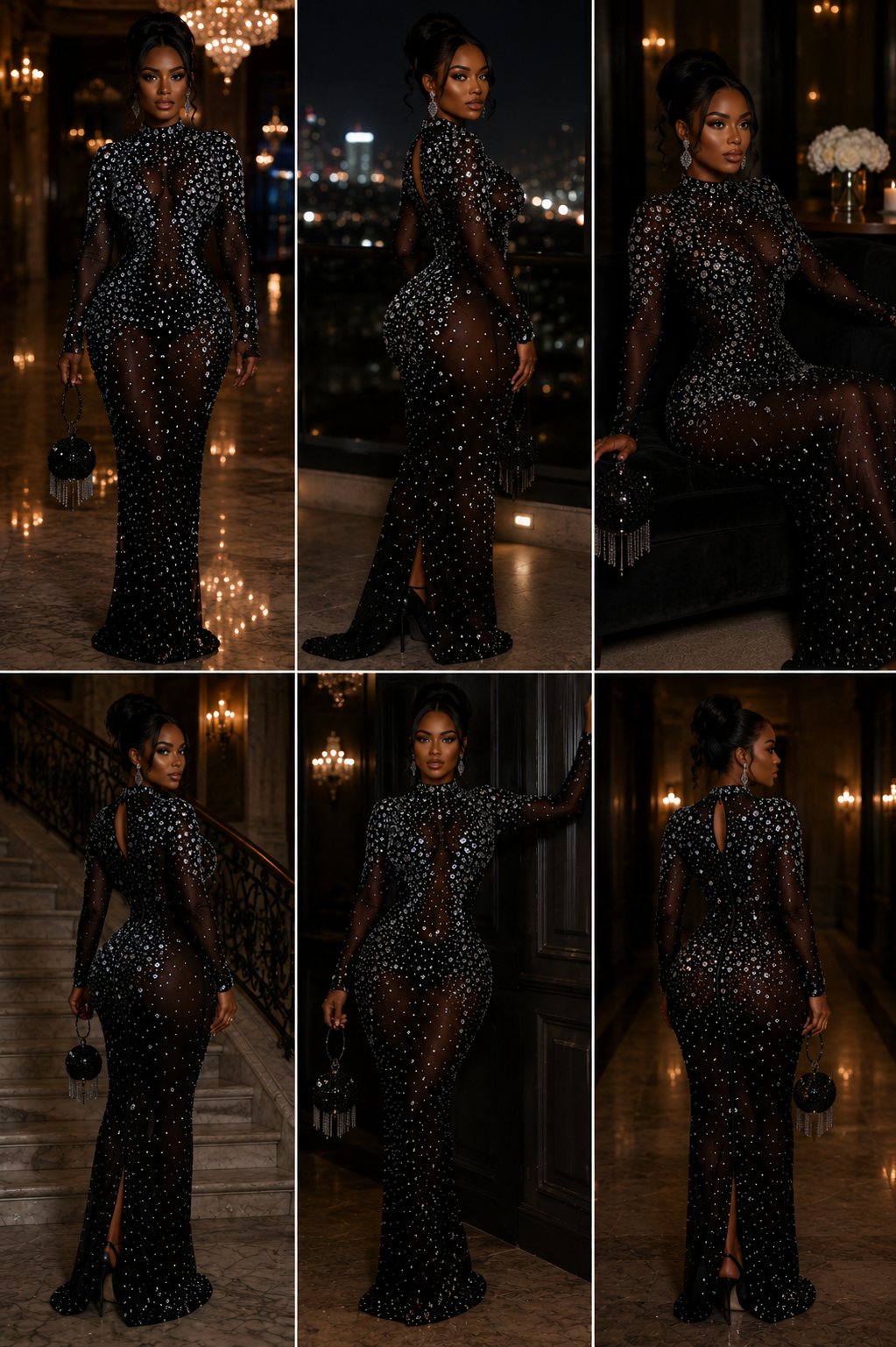 A six-panel collage showing a woman modeling a floor-length black gown covered in sparkling silver embellishments. The gown has a sheer mesh bodice with cutout details, long sleeves, a high neckline, and a fitted silhouette with a flared hem.