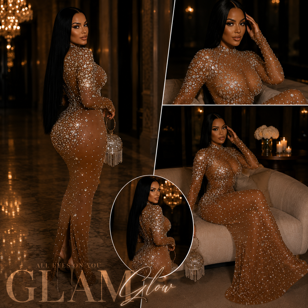 A woman modeling a floor-length, long-sleeve bodycon gown covered in sparkling gold sequins, shown in multiple poses and settings including an indoor lounge with chandeliers and a beige sofa. The image includes inset views and a circular detail crop, with large overlaid text reading 'GLAM Glow'.