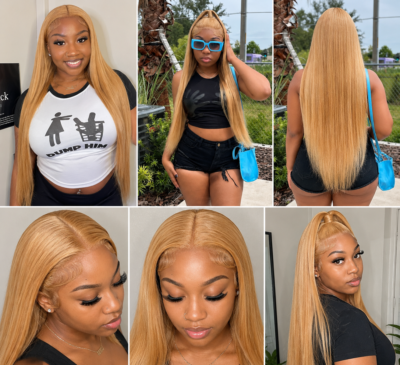 Collage of a woman with blonde hair styled in various ways outdoors and indoors.