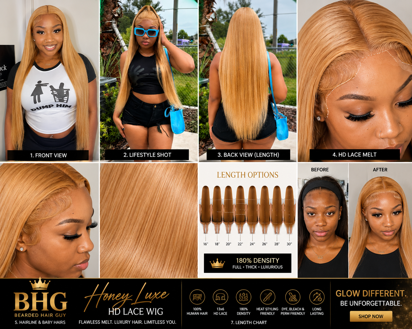 Collage of a blonde wig with lifestyle shots and product packaging, featuring the brand 'Honey Luxe'.